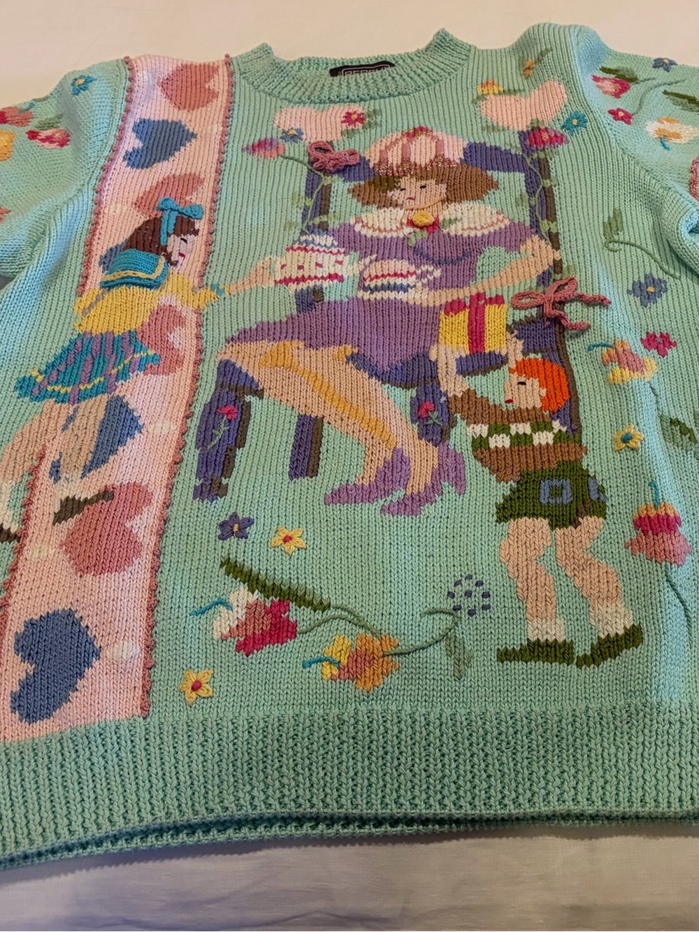 Mint Novelty Crewneck Sweater with Whimsical Multicolor Motif